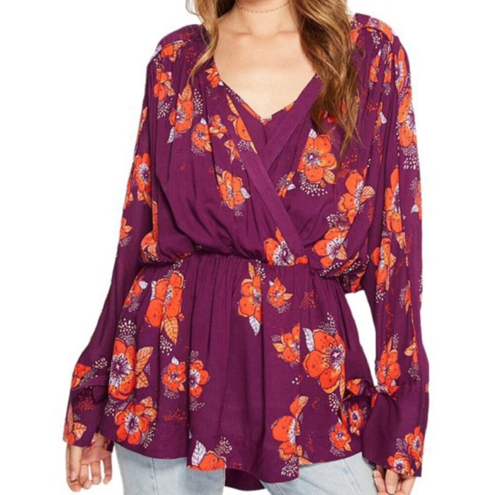Free People Women's XS Tuscan Dreams Floral Tunic Blouse‎ Purple Coral